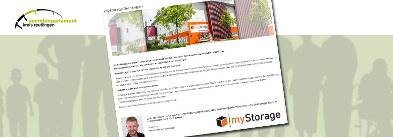 Lagerdienstanbieter myStorage AG aus Reutlingen, F&uuml;rth, Heidelberg, Mannheim, Neu-Ulm, Nuuml;rnberg als Mitglied im Mentorenkreis des Reutlinger Spendenparlaments